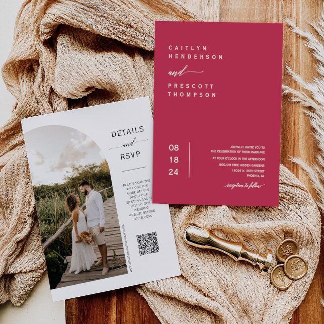 Elegant Viva Magenta Minimal Photo QR Code Wedding Invitation (Creator Uploaded)