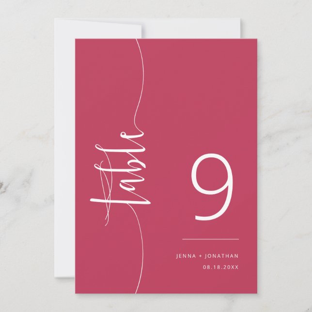 Elegant Viva Magenta Script Wedding Table Number (Front)