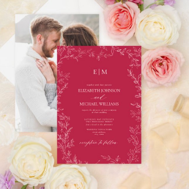 Elegant Vivid Magenta Leaf Photo Monogram Wedding Invitation (Creator Uploaded)