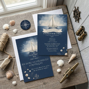 Elegant Voyage of Love Navy Blue Sailboat Nautical Invitation