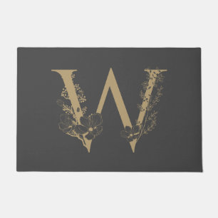 Elegant W Boho Floral Monogram Initial Grey Gold Doormat