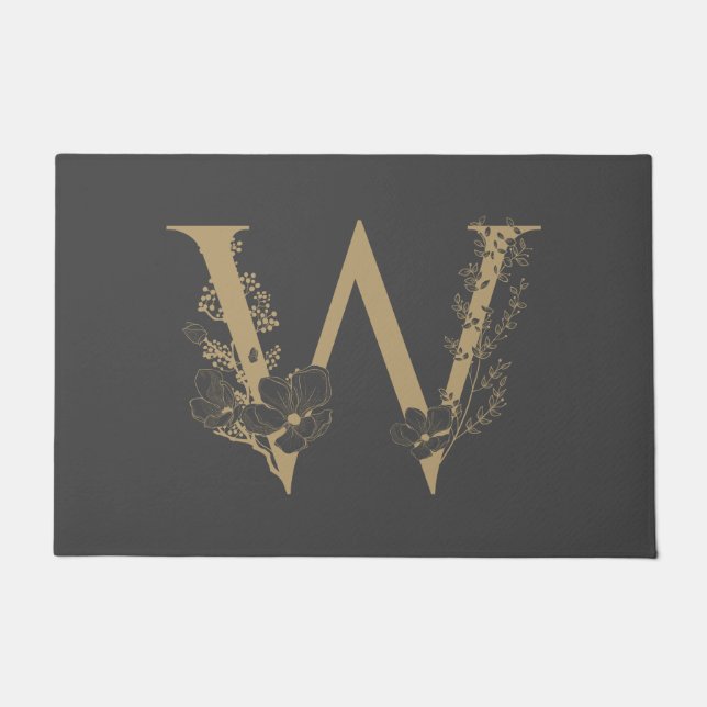 Elegant W Boho Floral Monogram Initial Grey Gold Doormat (Front)