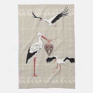 Elegant Warm Beige Folk Stork 2026 Calendar Kitchen Towel