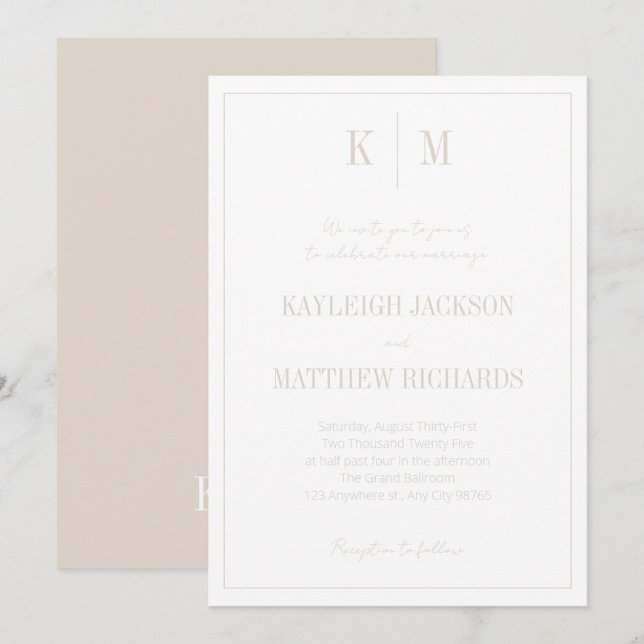 Elegant Warm Beige Monogram Wedding  Invitation (Front/Back)