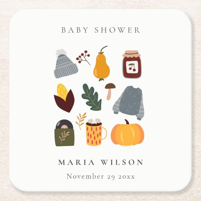 Elegant Warm Cozy Autumn Essential Baby Shower Square Paper Coaster (Front)