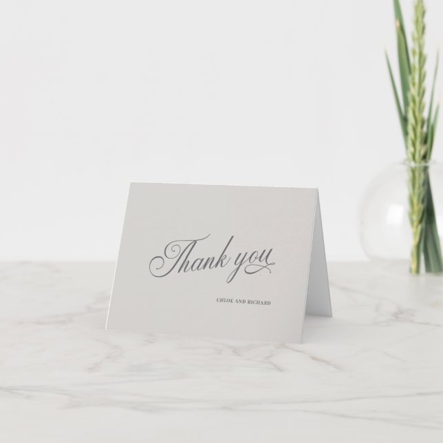 Elegant Warm Grey Script Wedding Thank You Card (Front)