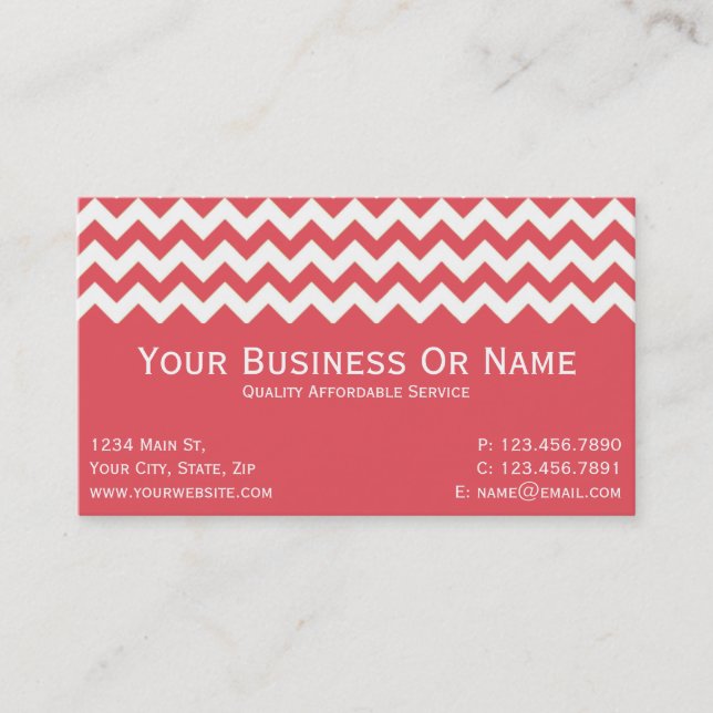 Elegant Warm Persimmon Pink, White Chevron Business Card (Front)