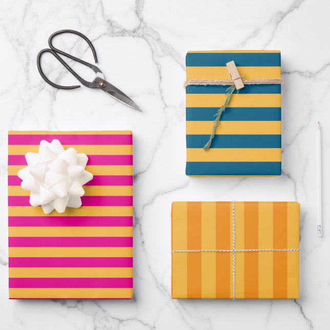 Elegant Warm Yellow, Pink, Blue and Orange Stripes Wrapping Paper Sheet (Front)