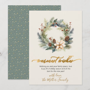 Elegant Warmest Wishes Gold Script Wreath Greenery Holiday Card