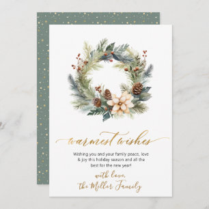 Elegant Warmest Wishes Script Wreath Greenery Holiday Card