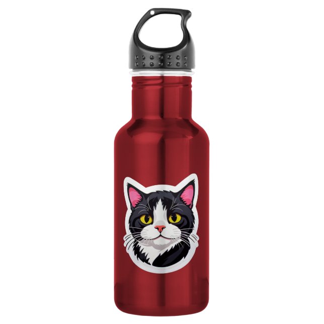 Elegant Water Bottle with Black & White Cat Sticke (Front)