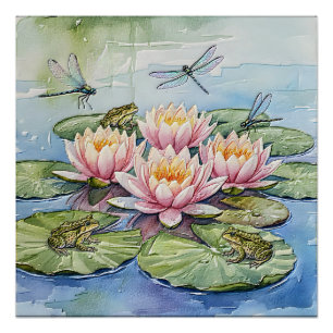 Elegant Water Lily Pond with Frogs & Dragonflies Poster
