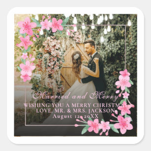 Elegant Watercolor 1 Photo Christmas Flat Blush  Square Sticker
