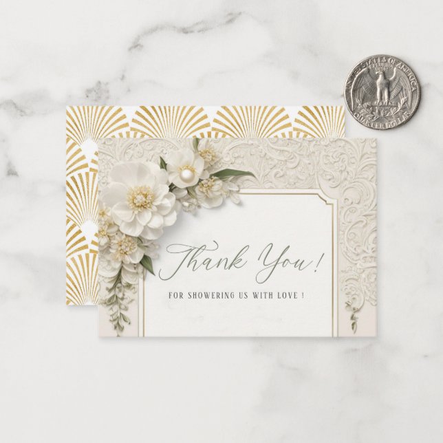 Elegant Watercolor 3D White Gold Flowers Baby show Card (Front/Back In Situ)
