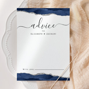 Elegant Watercolor Agate Navy Blue Silver Wedding Advice Card