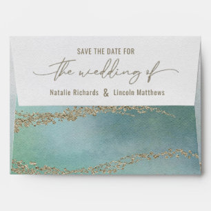 Elegant Watercolor Aqua Ocean & Gold Save the Date Envelope