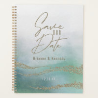 Elegant Watercolor Aqua Ocean & Gold Save the Date