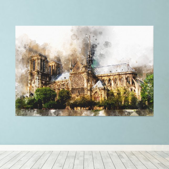 Elegant Watercolor Art of Notre Dame Cathedral Canvas Print (Insitu(Wood Floor))