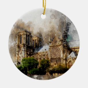 Elegant Watercolor Art of Notre Dame Cathedral Ceramic Ornament