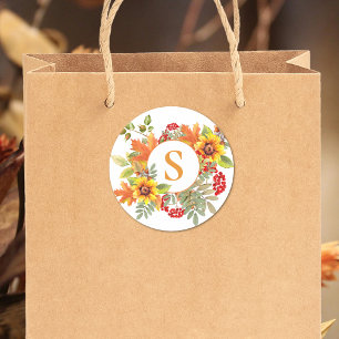 Elegant Watercolor Autumn Floral Monogrammed Classic Round Sticker