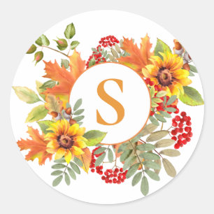 Elegant Watercolor Autumn Floral Monogrammed Classic Round Sticker