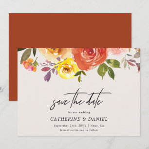 Elegant Watercolor Autumn Floral Script Wedding  Save The Date