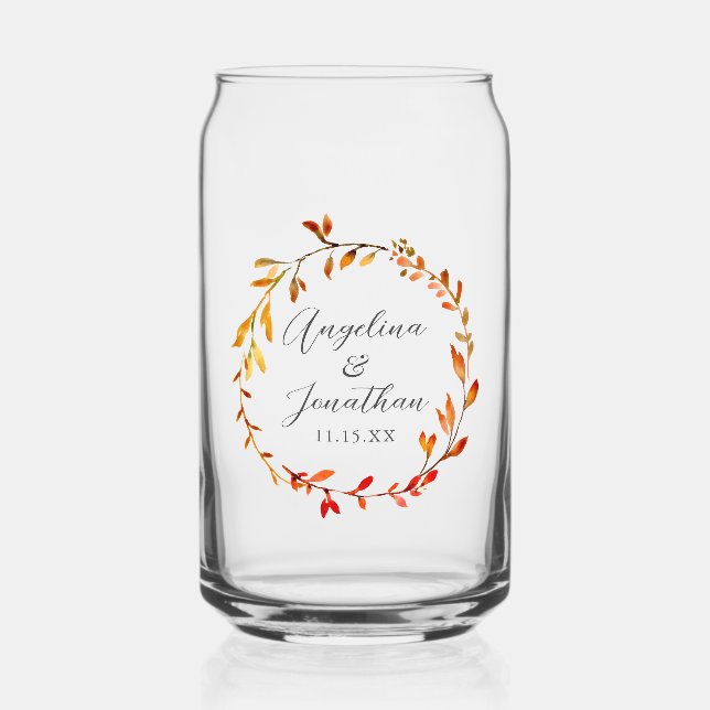 Elegant Watercolor Autumn Leaves Custom Wedding Can Glass (Front)