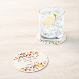 Elegant Watercolor Autumn Leaves Custom Wedding Round Paper Coaster