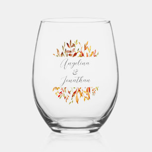 Elegant Watercolor Autumn Leaves Custom Wedding Stemless Wine Glass