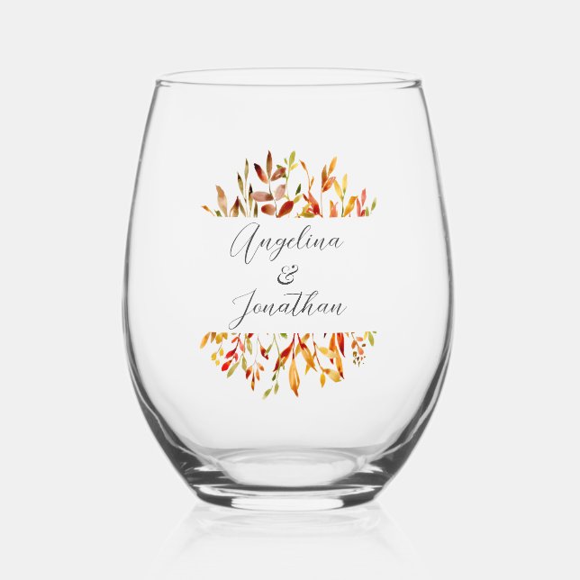 Elegant Watercolor Autumn Leaves Custom Wedding Stemless Wine Glass (Front)
