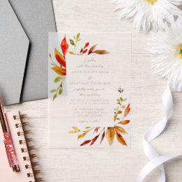 Elegant Watercolor Autumn Leaves Wedding Vellum Invitations