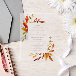 Elegant Watercolor Autumn Leaves Wedding Vellum Invitations