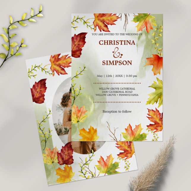 Elegant Watercolor Autumn Photo Wedding  Invitation (Elegant Yellow Leaves Autumn Photo Wedding Invitation)