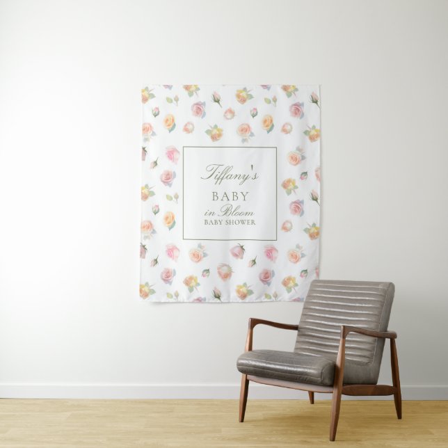 Elegant Watercolor Baby in Bloom Girl Baby Shower Tapestry (In Situ)