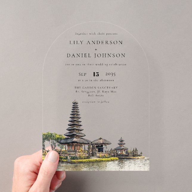 Elegant Watercolor Bali Temple Wedding Arch Acrylic Invitations (Insitu (Handheld))