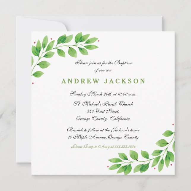 Elegant Watercolor Baptism/Christening Invitation (Front)
