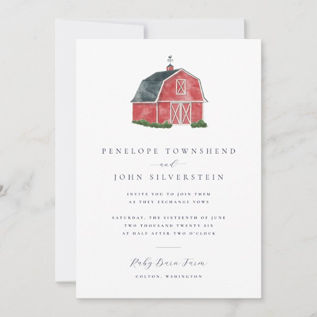 Elegant Watercolor Barn Illustration Wedding Invitation (Front)