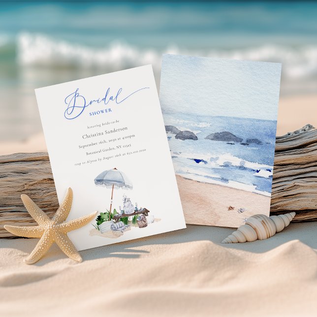 Elegant Watercolor Beach Picnic Blue Bridal Shower Invitation (Creator Uploaded)