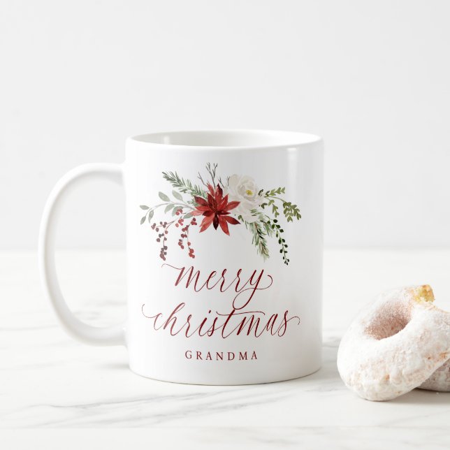 Elegant Watercolor Berries Photo Merry Christmas Coffee Mug (With Donut)