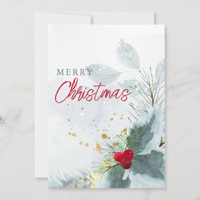 Elegant Watercolor Berry Greenery Merry Christmas Holiday Card (Front)