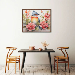 Elegant Watercolor Bird Floral Art Realistic  Poster