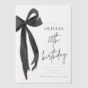 Elegant Watercolor Black Bow 20th Birthday Party Vellum Invitations