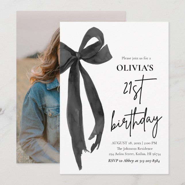 Elegant Watercolor Black Bow 21th Birthday Party Invitation (Front/Back)