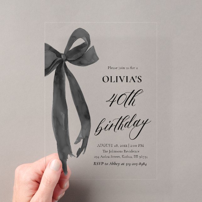 Elegant Watercolor Black Bow 40th Birthday Party Acrylic Invitations (Insitu (Handheld))