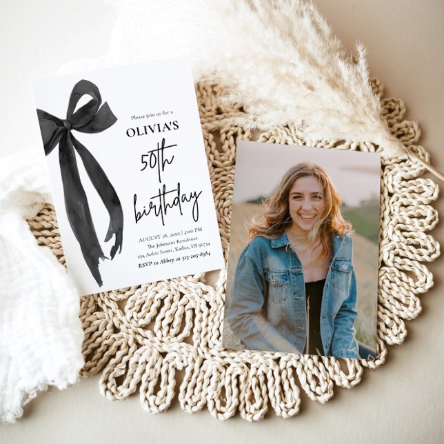 Elegant Watercolor Black Bow 50th Birthday Party Invitation (Watercolor Modern Elegant Coquette Black Bow Photo 50th Birthday Party Invitation)