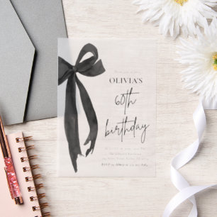 Elegant Watercolor Black Bow 60th Birthday Party Vellum Invitations