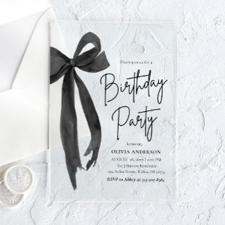 Elegant Watercolor Black Bow Birthday Party Acrylic Invitations