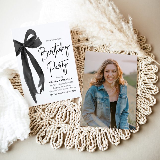 Elegant Watercolor Black Bow Birthday Party Invitation (Watercolor Modern Elegant Coquette Black Bow Photo Birthday Party Invitation)