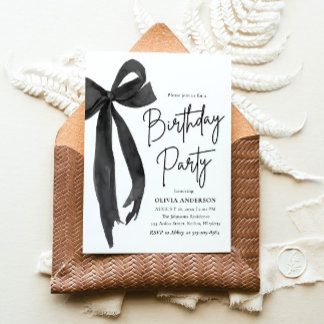 Elegant Watercolor Black Bow Birthday Party Invitation