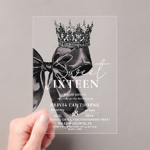 Elegant Watercolor Black Bow Sweet 16 Birthday Acrylic Invitations